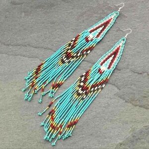 NWT Blue Beaded Boho Turquoise and Red Fringe Shoulder Sweeper Earrings